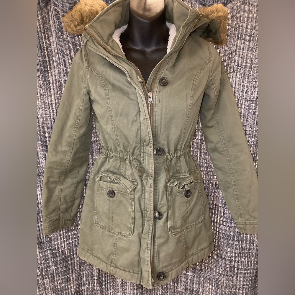 Olive Green Kids Parka Jacket with Faux Fur Hood